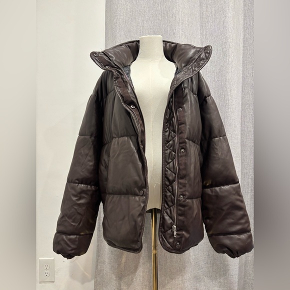 Zara Blogger Chocolate Brown Faux Leather Puffer Jacket Size L - Picture 7 of 17
